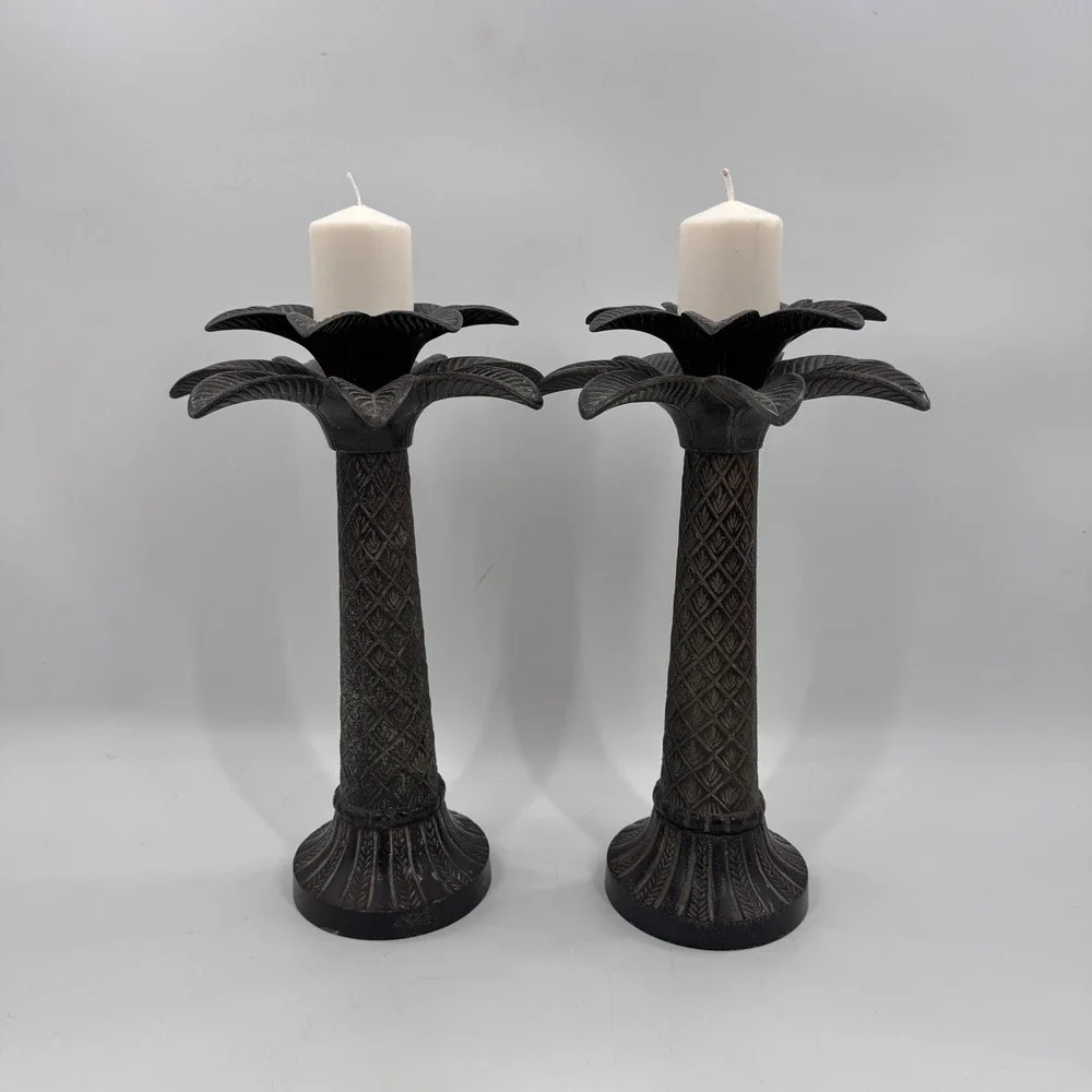 Vintage Iron Palm Tree Candle Holders Pair 15